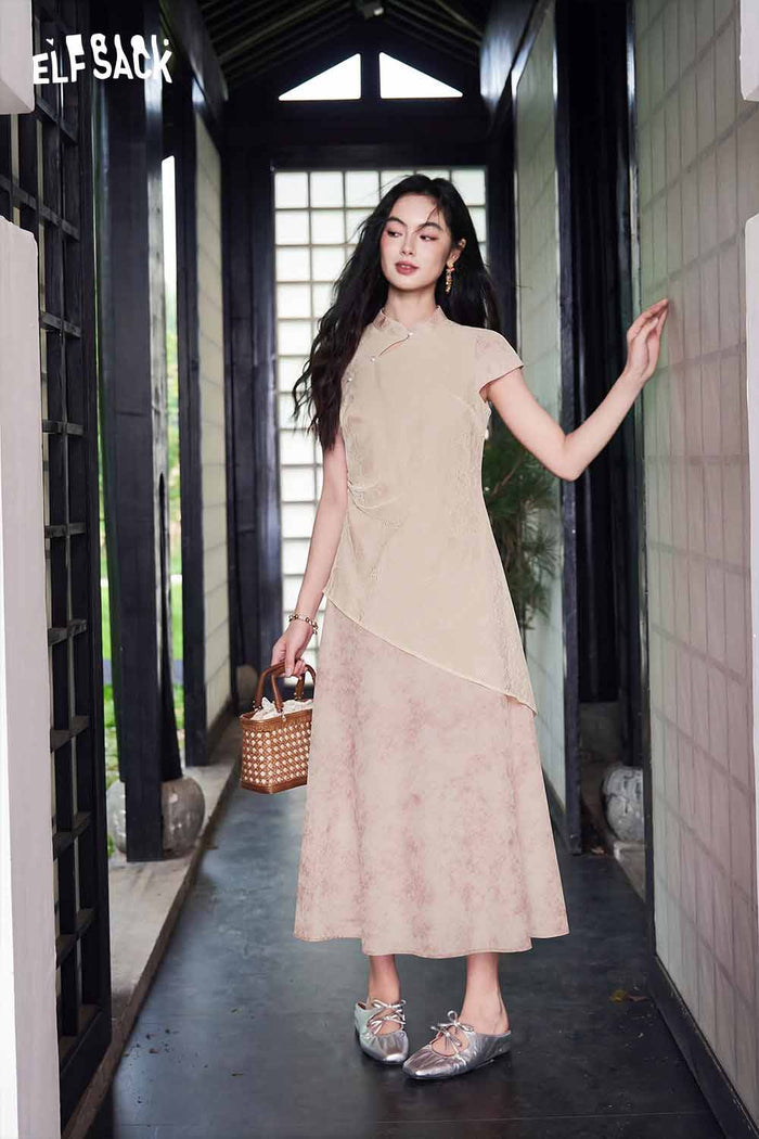 ELFSACK Chinese Style Asymmetric Layered Maxi Dress