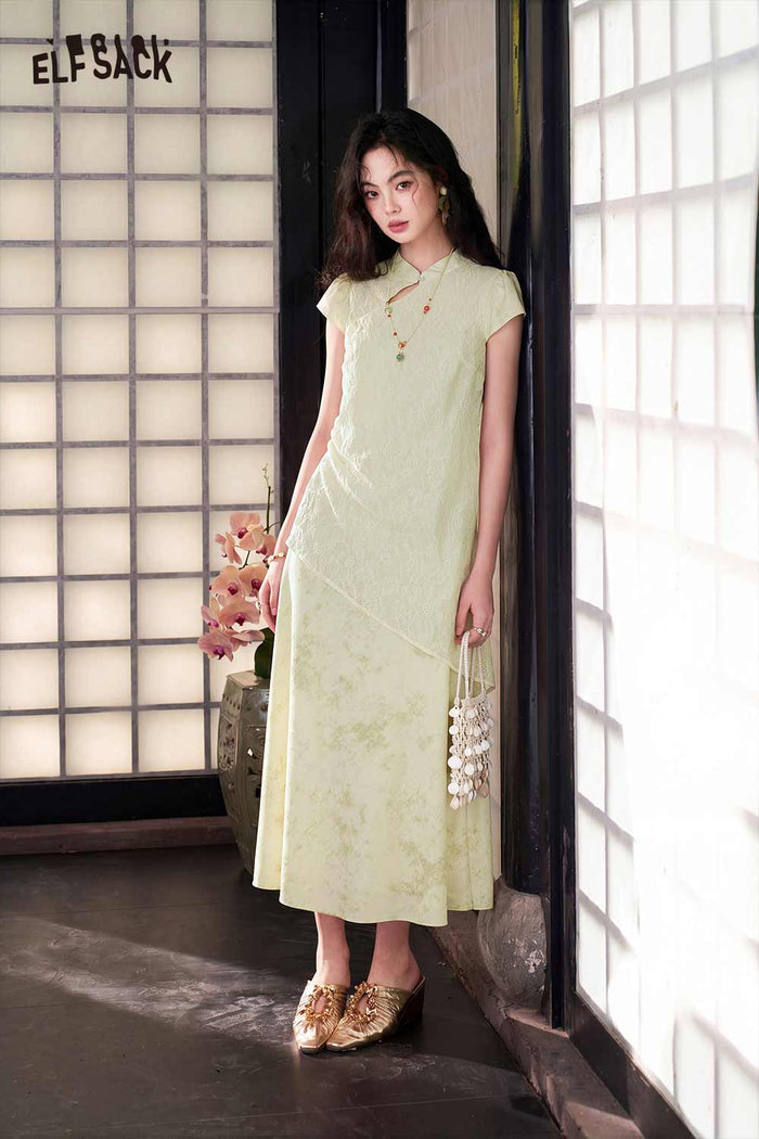 ELFSACK Chinese Style Asymmetric Layered Maxi Dress