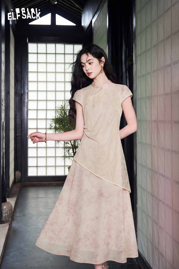 ELFSACK Chinese Style Asymmetric Layered Maxi Dress