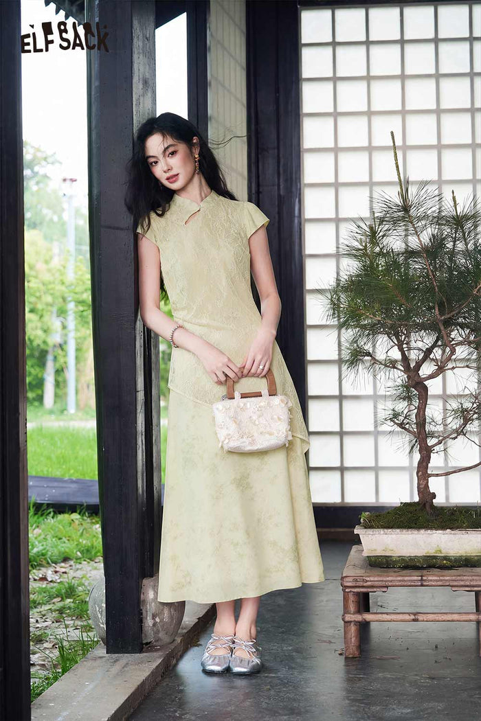 ELFSACK Chinese Style Asymmetric Layered Maxi Dress