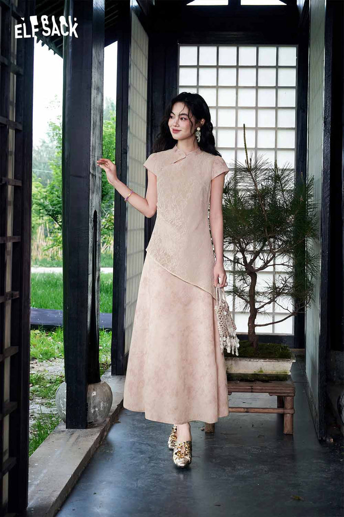 ELFSACK Chinese Style Asymmetric Layered Maxi Dress