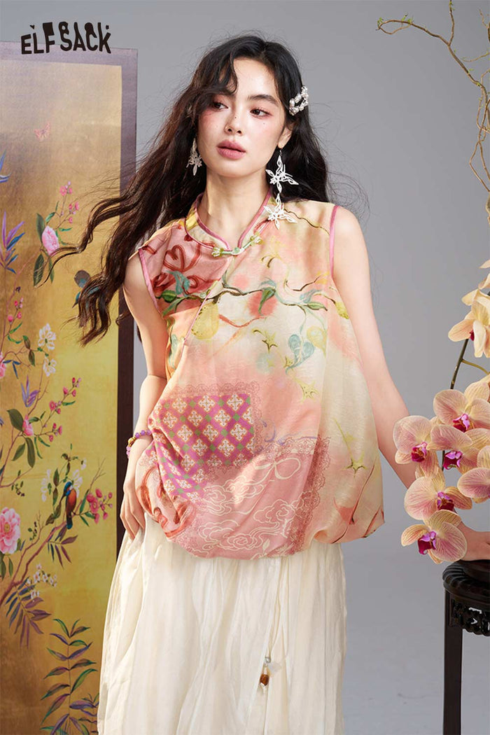 ELFSACK Chinese Style Floral Sheer Shirt