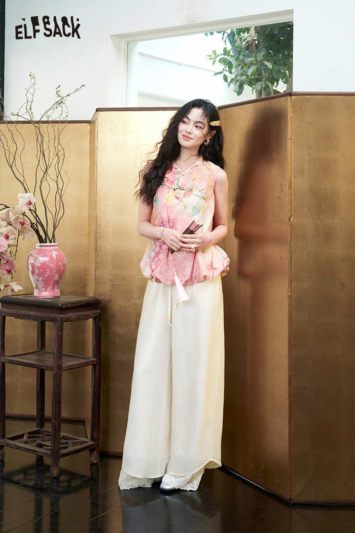 ELFSACK Chinese Style Floral Sheer Shirt