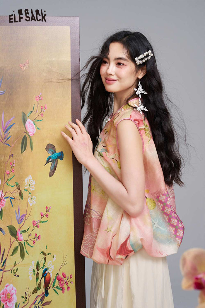 ELFSACK Chinese Style Floral Sheer Shirt