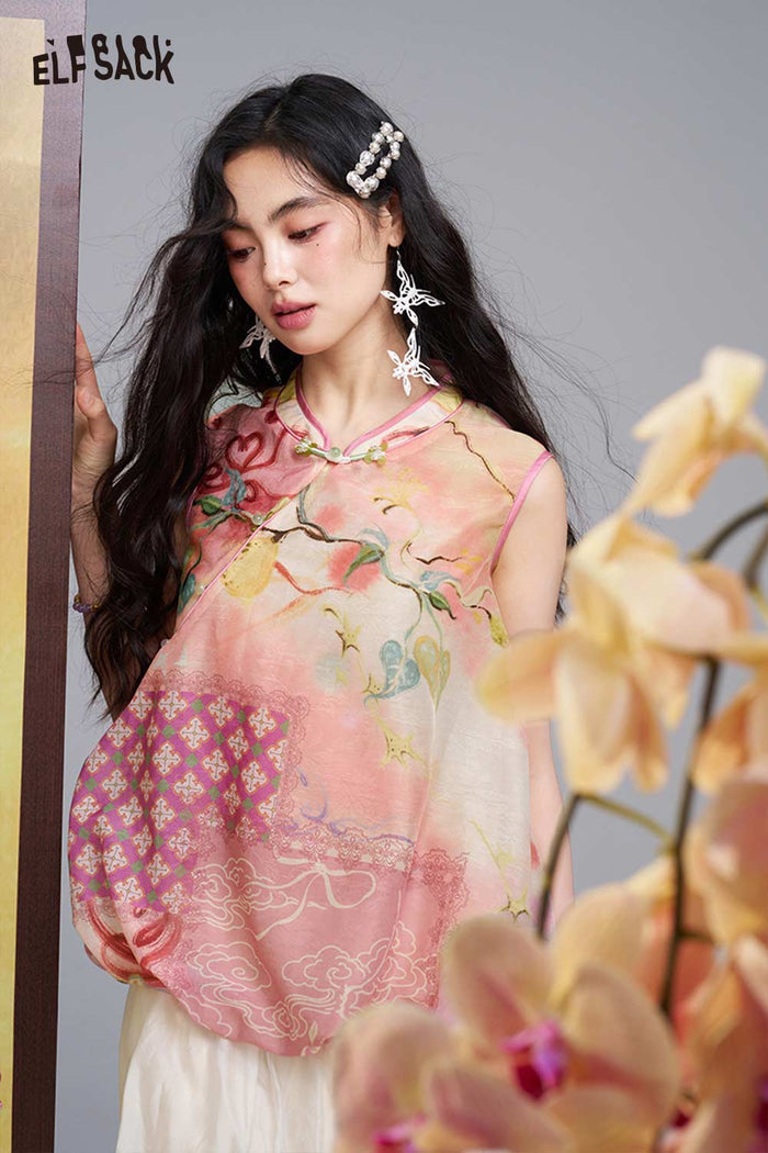 ELFSACK Chinese Style Floral Sheer Shirt