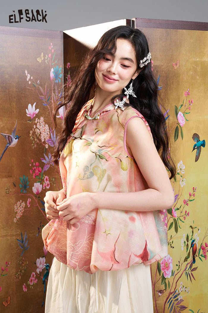 ELFSACK Chinese Style Floral Sheer Shirt