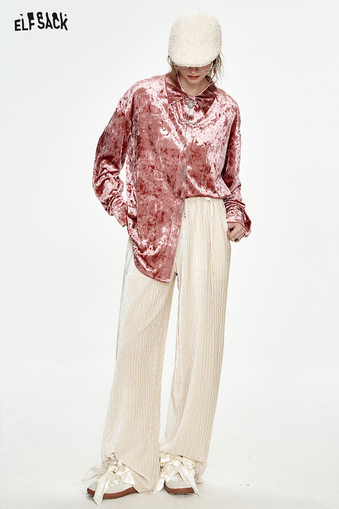 ELFSACK Christmas Red Velvet High Waist Wide Leg Casual Pants Women