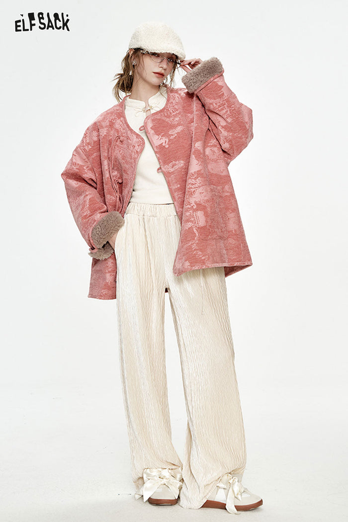ELFSACK Christmas Red Velvet High Waist Wide Leg Casual Pants Women