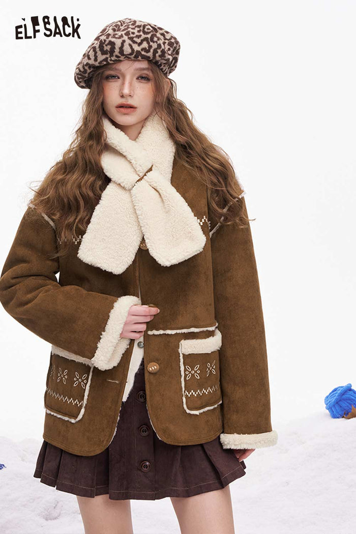 ELFSACK Classic Solid Line Plush Button Coat