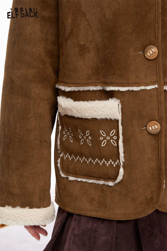 ELFSACK Classic Solid Line Plush Button Coat