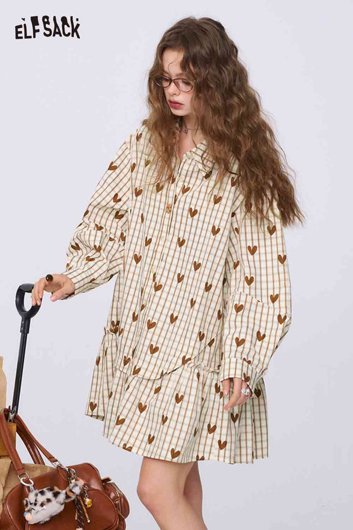 ELFSACK College-Style Heart Plaid Dress with a Peter Pan Collar