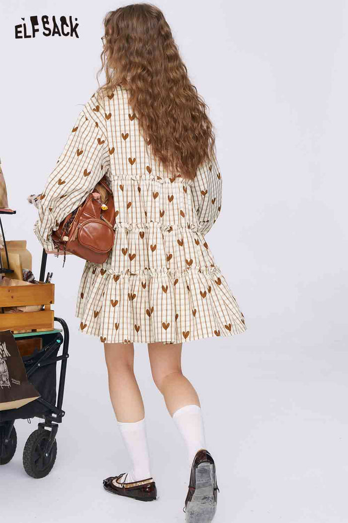 ELFSACK College-Style Heart Plaid Dress with a Peter Pan Collar