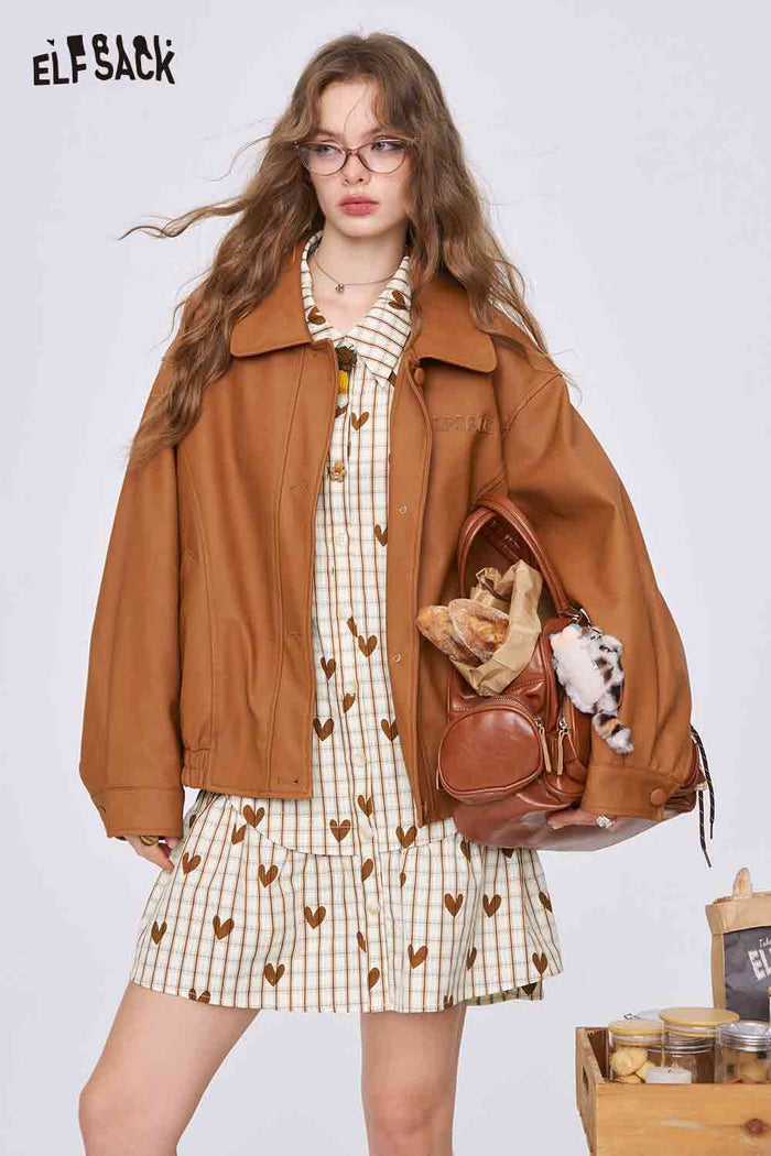 ELFSACK College-Style Heart Plaid Dress with a Peter Pan Collar