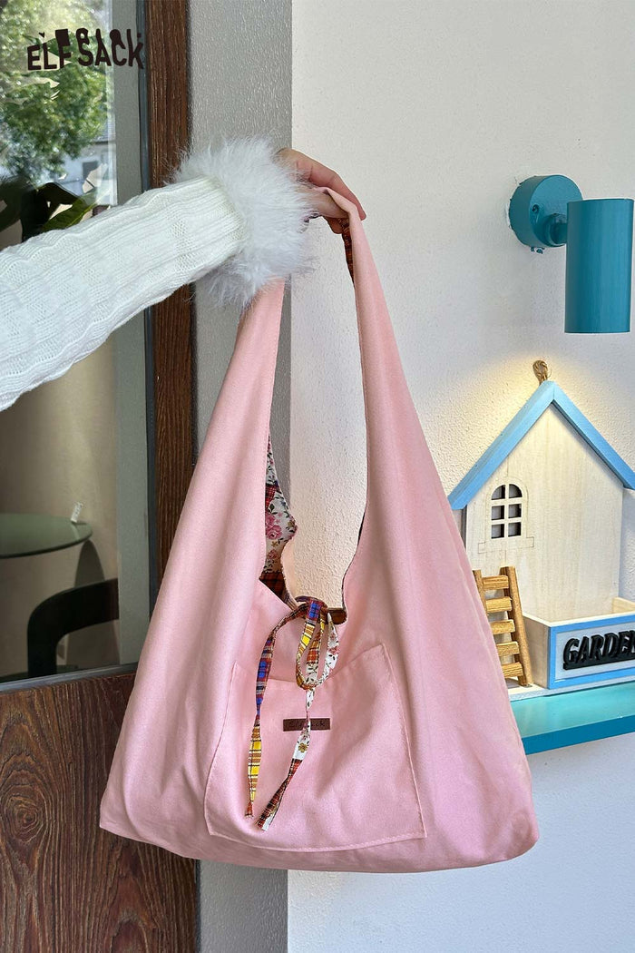 ELFSACK Color Block Casual Commute Large Capacity Lightweight Tote Shoulder Canvas Bag