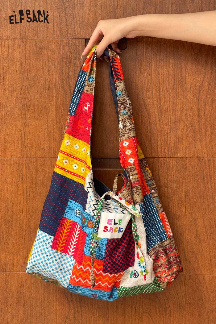 ELFSACK Color Block Casual Commute Large Capacity Lightweight Tote Shoulder Canvas Bag