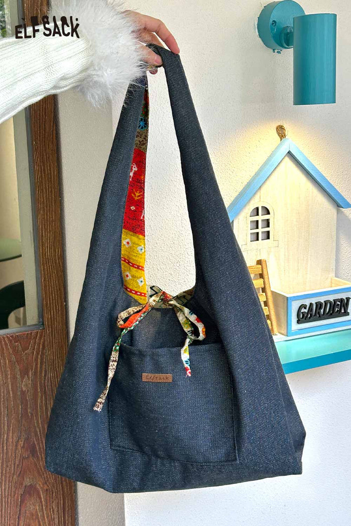 ELFSACK Color Block Casual Commute Large Capacity Lightweight Tote Shoulder Canvas Bag