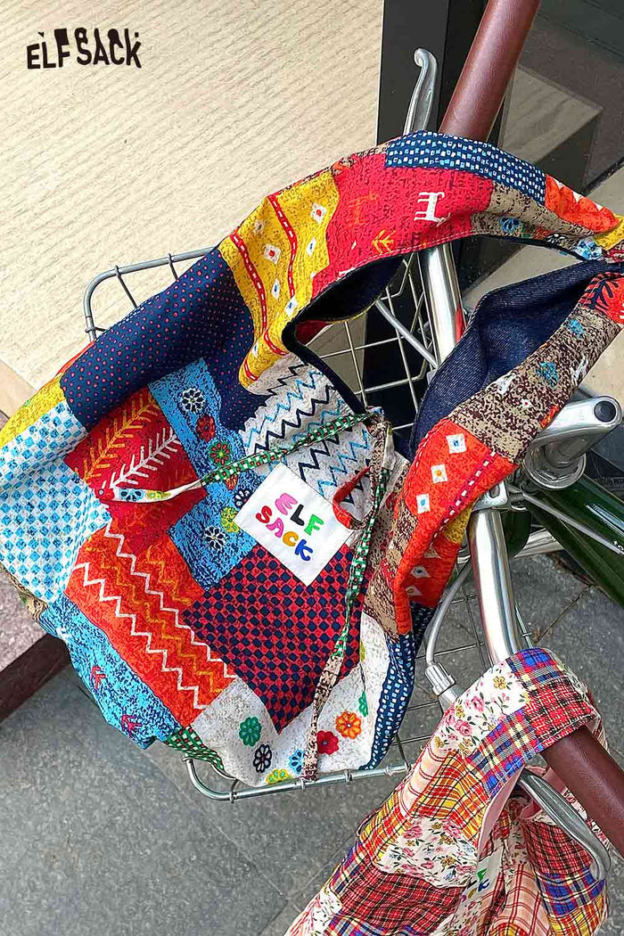 ELFSACK Color Block Casual Commute Large Capacity Lightweight Tote Shoulder Canvas Bag