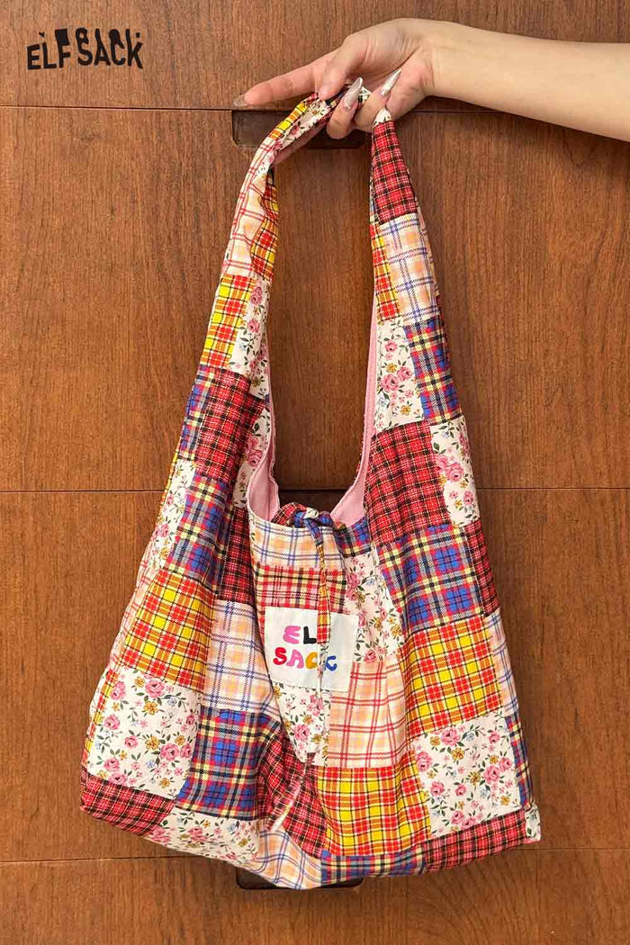ELFSACK Color Block Casual Commute Large Capacity Lightweight Tote Shoulder Canvas Bag