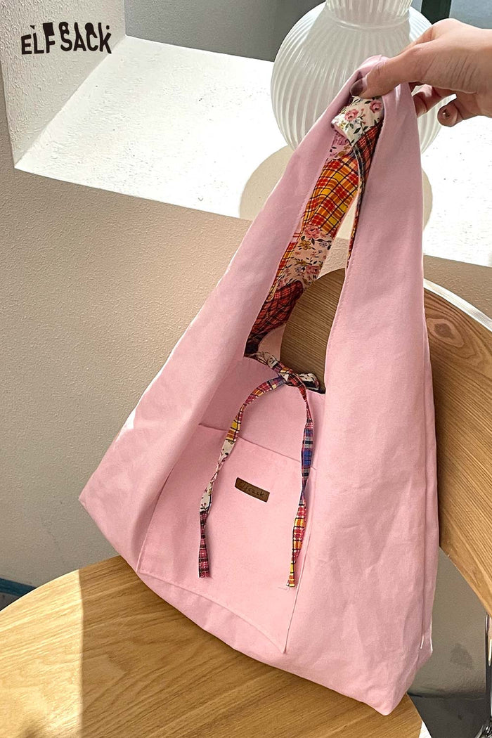 ELFSACK Color Block Casual Commute Large Capacity Lightweight Tote Shoulder Canvas Bag