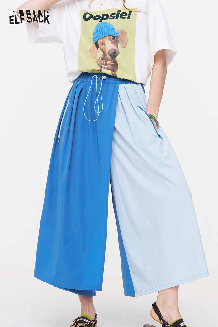 ELFSACK Color Block Drawstring Wide Leg Pants