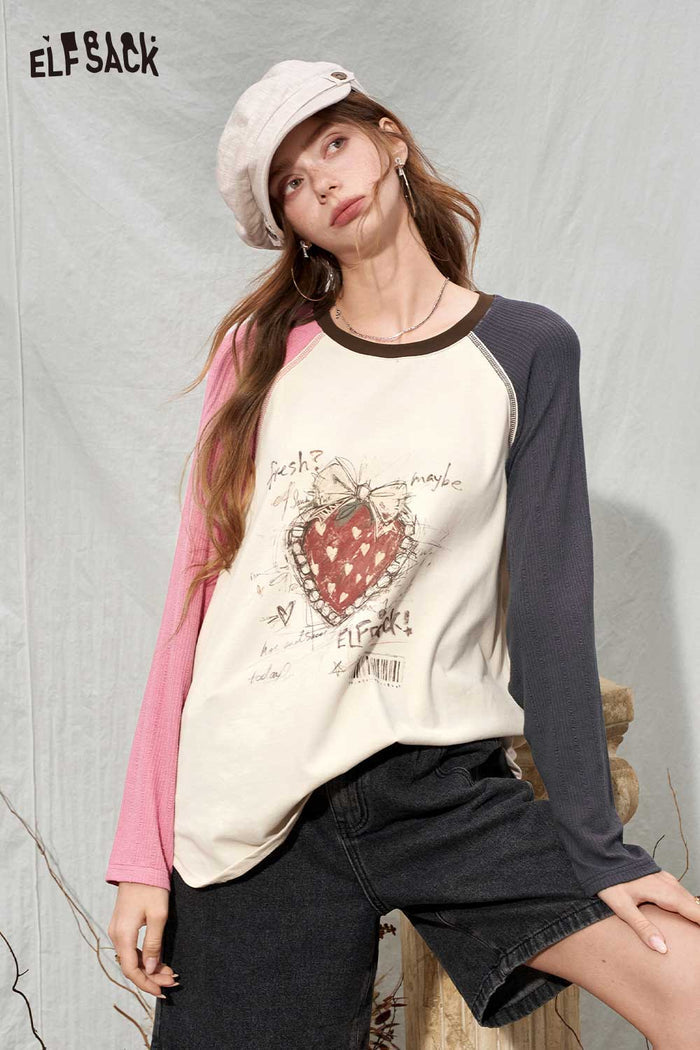 Color Block Ringer Raglan Strawberry Graphic Long Sleeve Tee