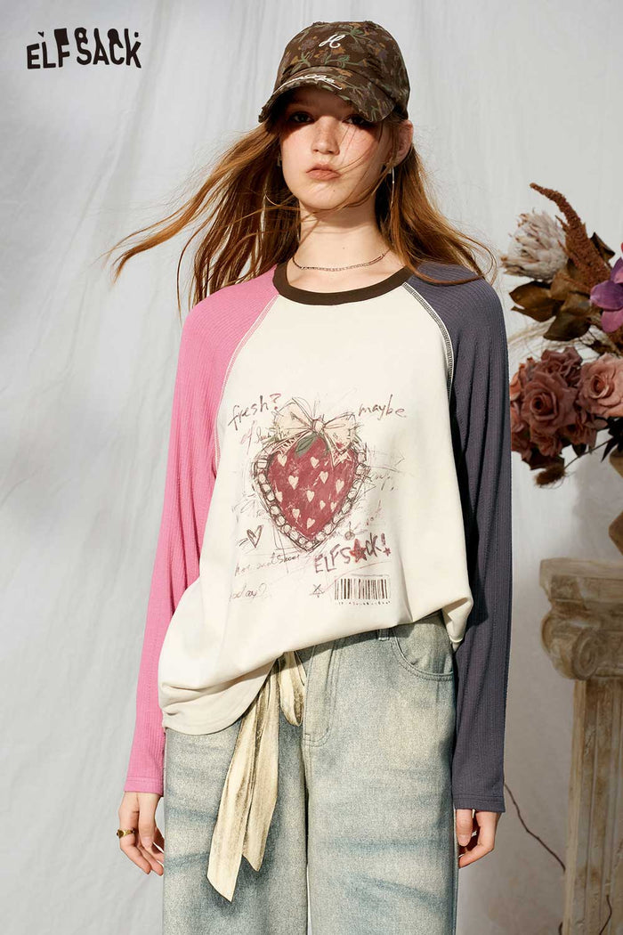 Color Block Ringer Raglan Strawberry Graphic Long Sleeve Tee