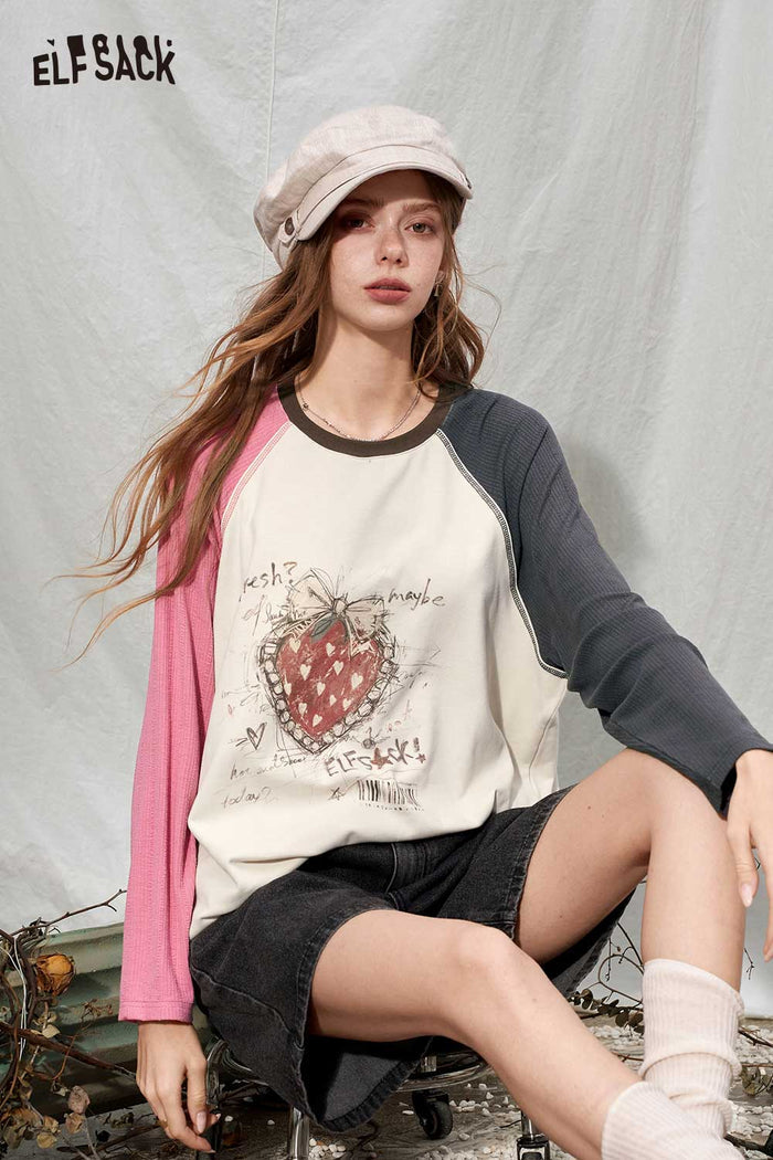 Color Block Ringer Raglan Strawberry Graphic Long Sleeve Tee