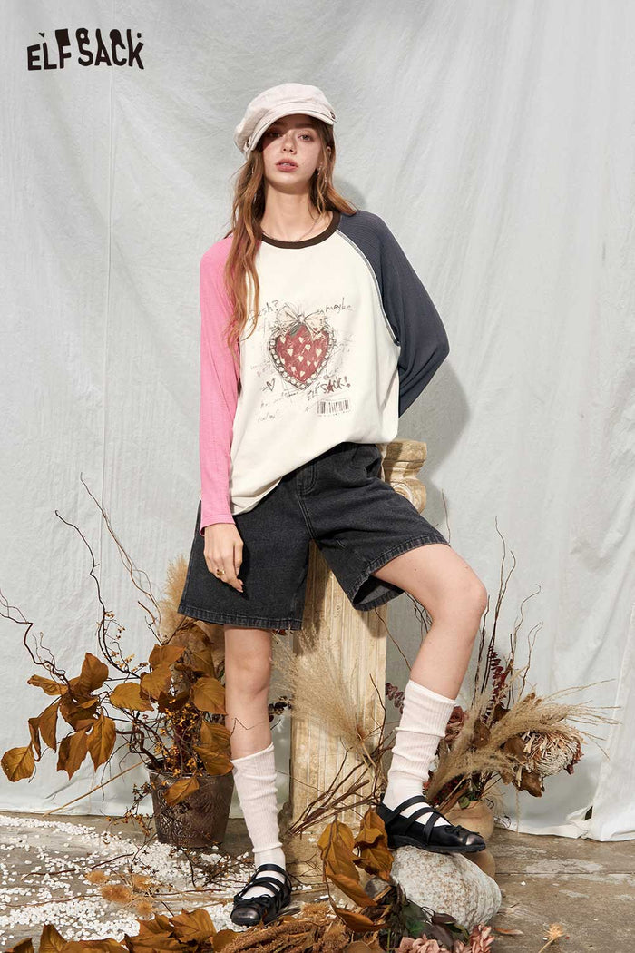 Color Block Ringer Raglan Strawberry Graphic Long Sleeve Tee