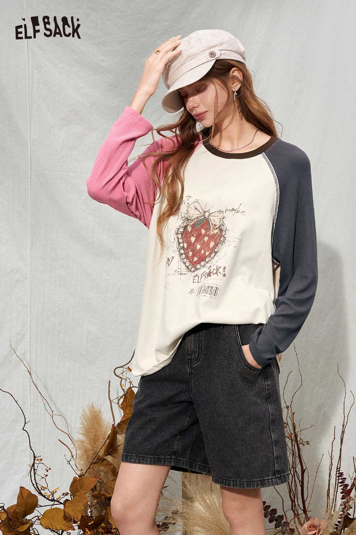 Color Block Ringer Raglan Strawberry Graphic Long Sleeve Tee