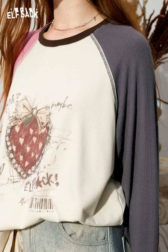 Color Block Ringer Raglan Strawberry Graphic Long Sleeve Tee