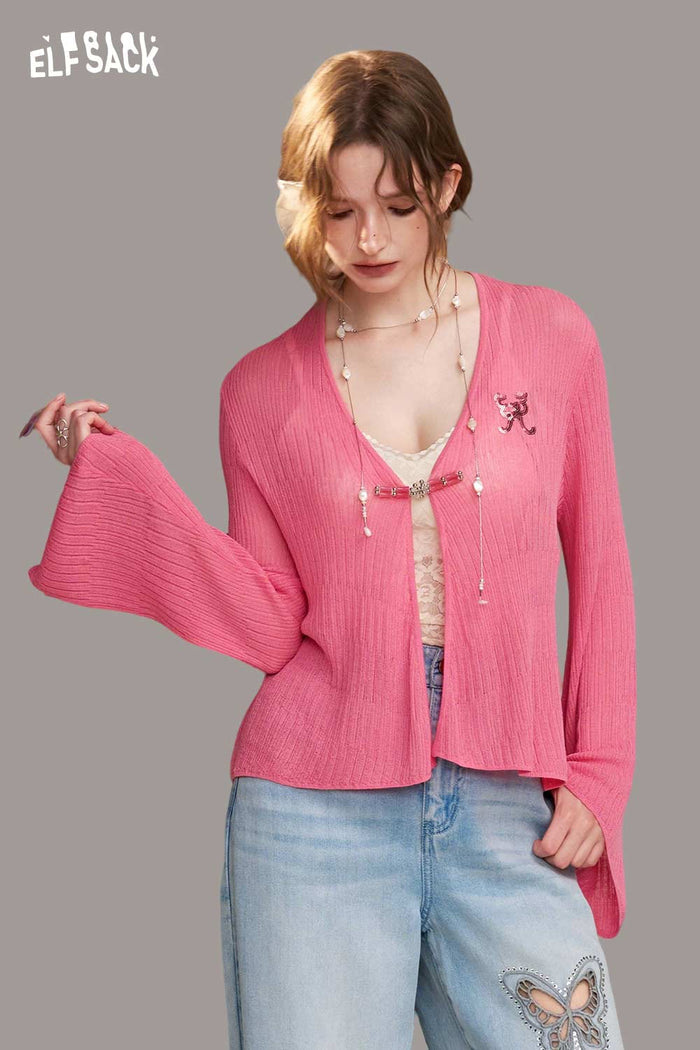 ELFSACK Color Block Wrap Front Flare Sleeve Cardigan