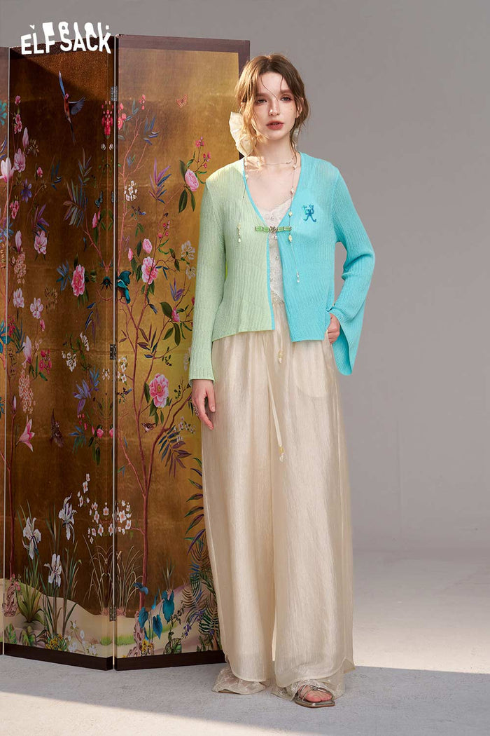 ELFSACK Color Block Wrap Front Flare Sleeve Cardigan