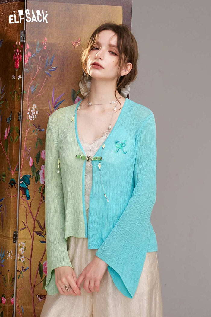 ELFSACK Color Block Wrap Front Flare Sleeve Cardigan