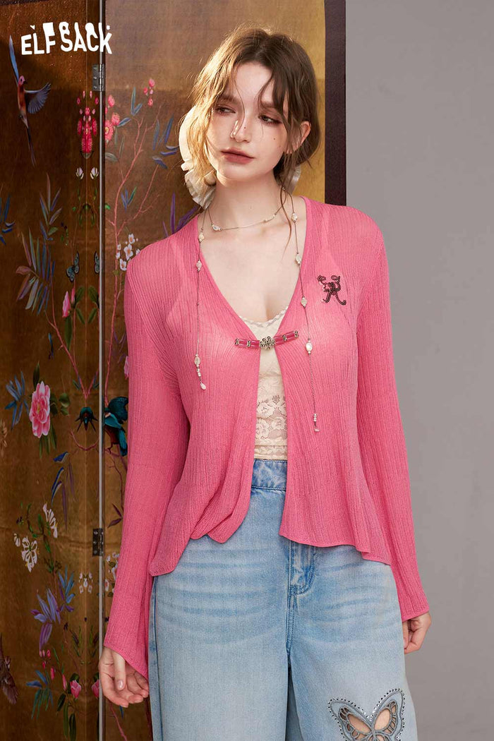 ELFSACK Color Block Wrap Front Flare Sleeve Cardigan