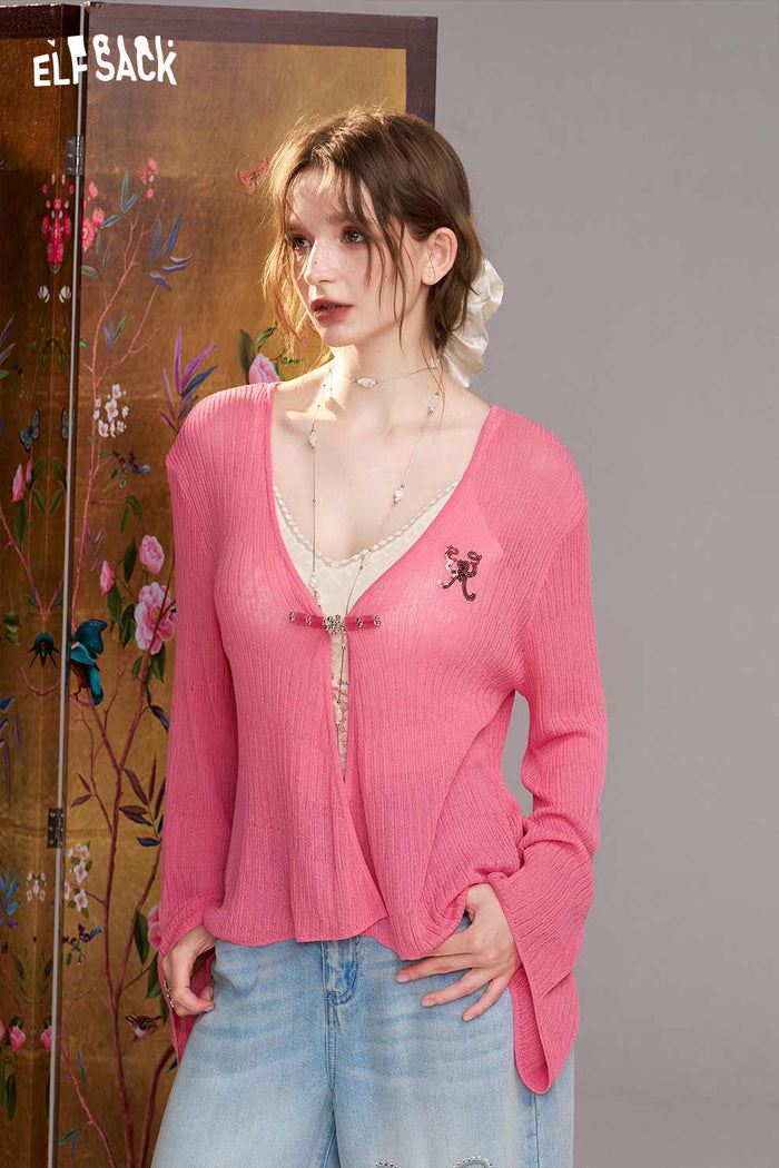 ELFSACK Color Block Wrap Front Flare Sleeve Cardigan