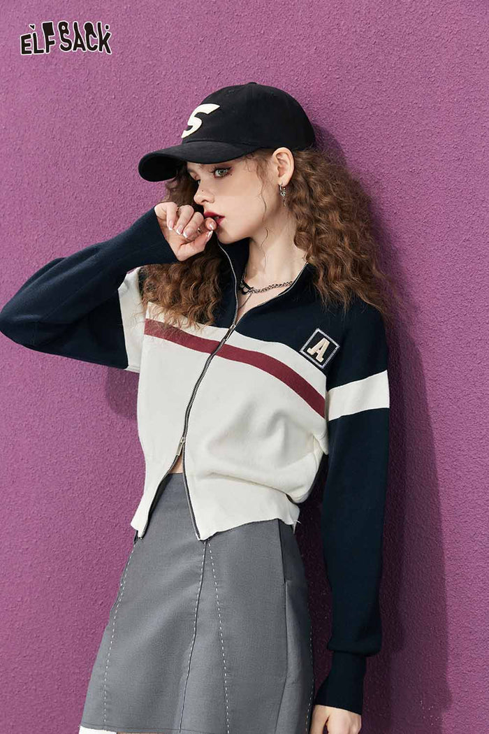 Color Block Zip Up Crop Knit Cardigan