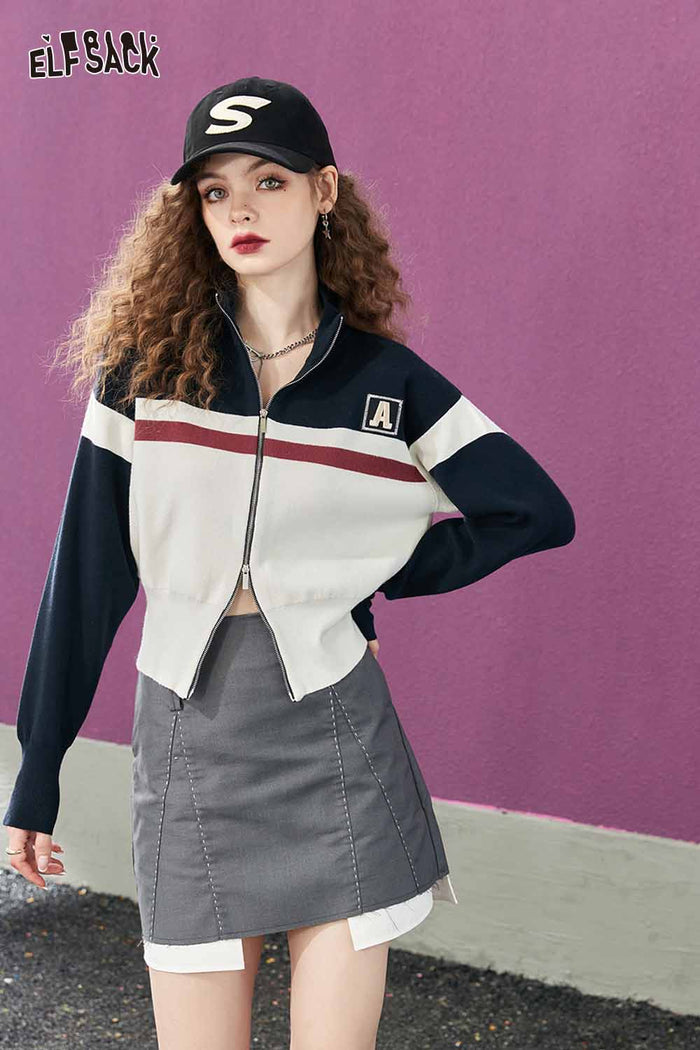 Color Block Zip Up Crop Knit Cardigan