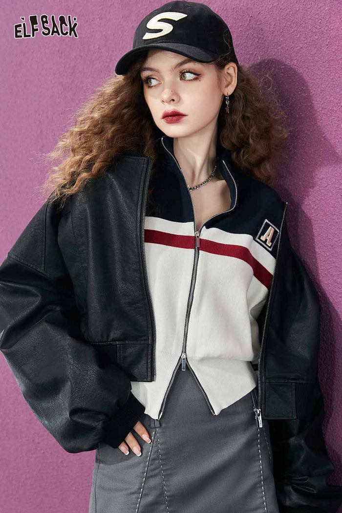 Color Block Zip Up Crop Knit Cardigan