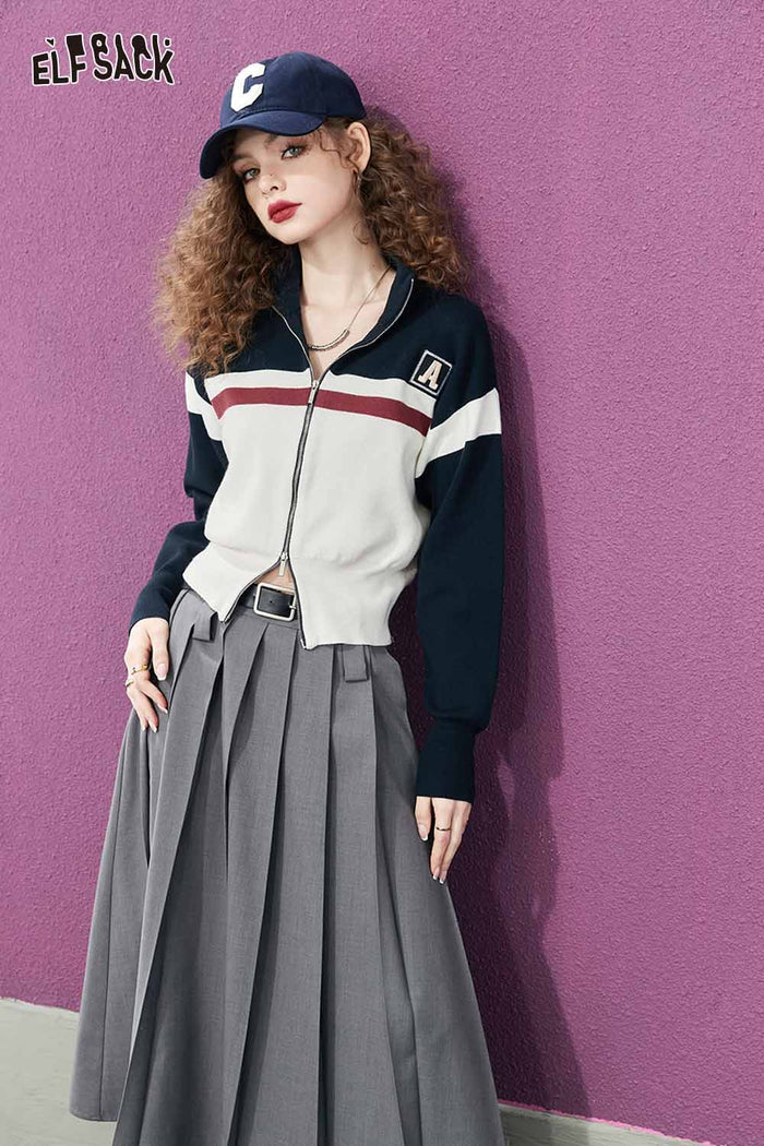 Color Block Zip Up Crop Knit Cardigan
