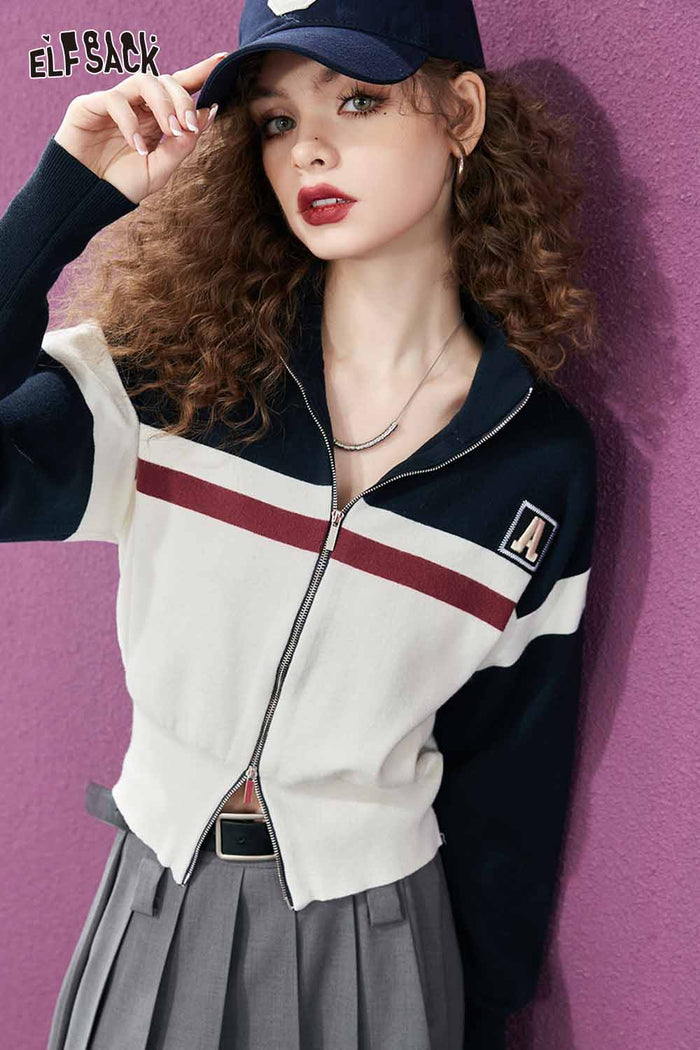 Color Block Zip Up Crop Knit Cardigan