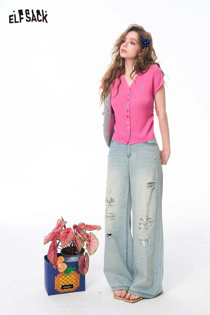 ELFSACK Color Button Embroidered Crop Knit Top