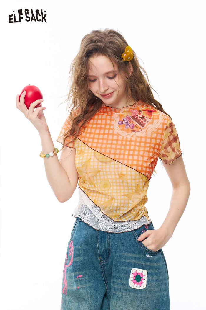 ELFSACK Colorblock Fruit Print Ruffle Mesh Tee