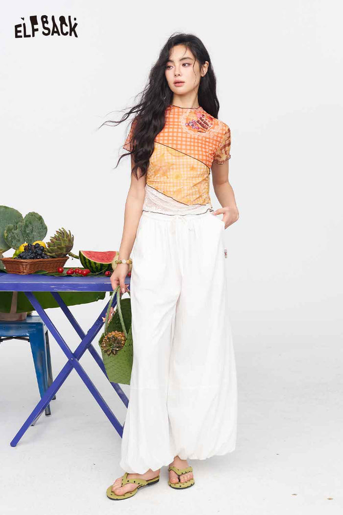 ELFSACK Colorblock Fruit Print Ruffle Mesh Tee