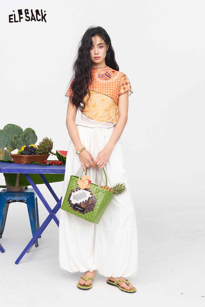ELFSACK Colorblock Fruit Print Ruffle Mesh Tee