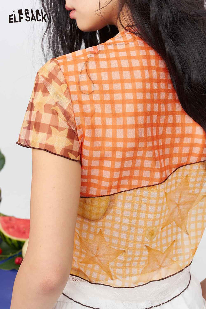 ELFSACK Colorblock Fruit Print Ruffle Mesh Tee