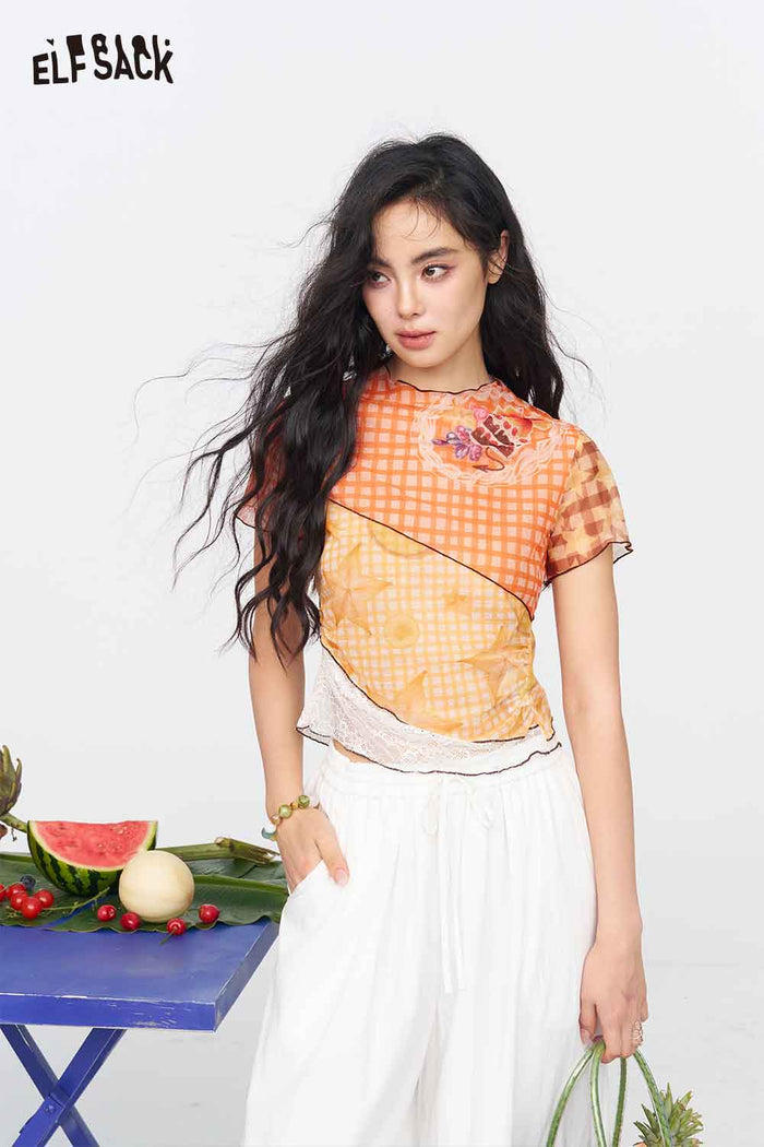 ELFSACK Colorblock Fruit Print Ruffle Mesh Tee