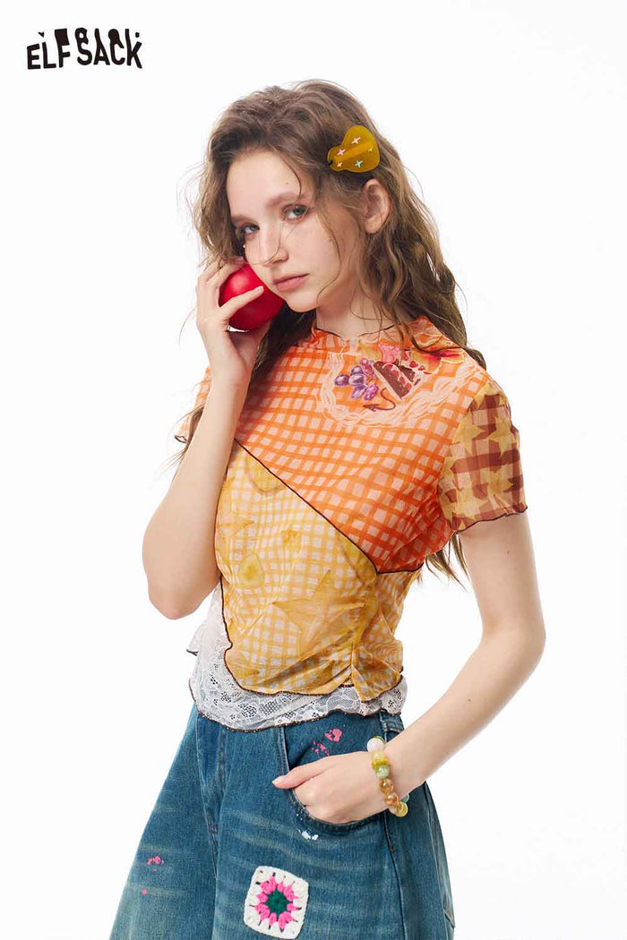 ELFSACK Colorblock Fruit Print Ruffle Mesh Tee