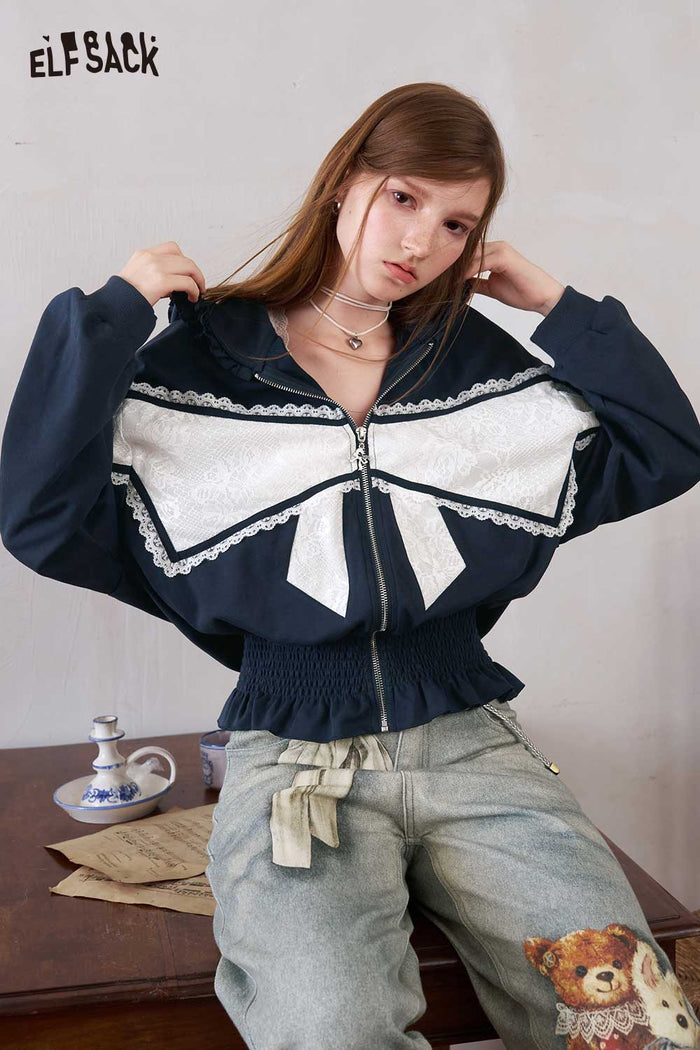 Colorblock Lace Zip Up Crop Jacket