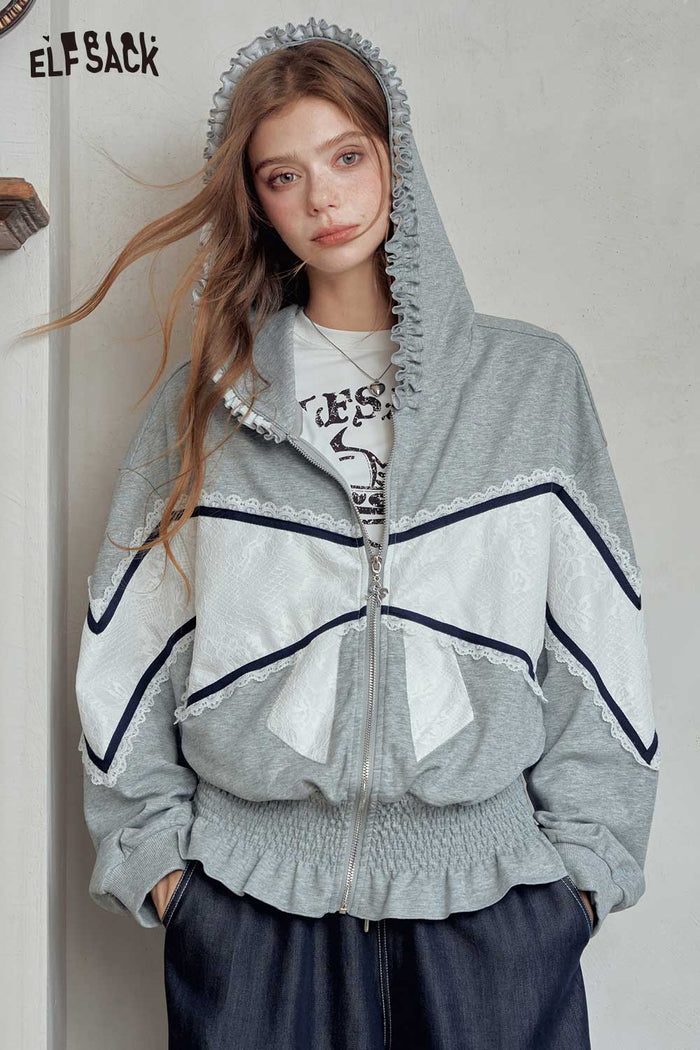 Colorblock Lace Zip Up Crop Jacket