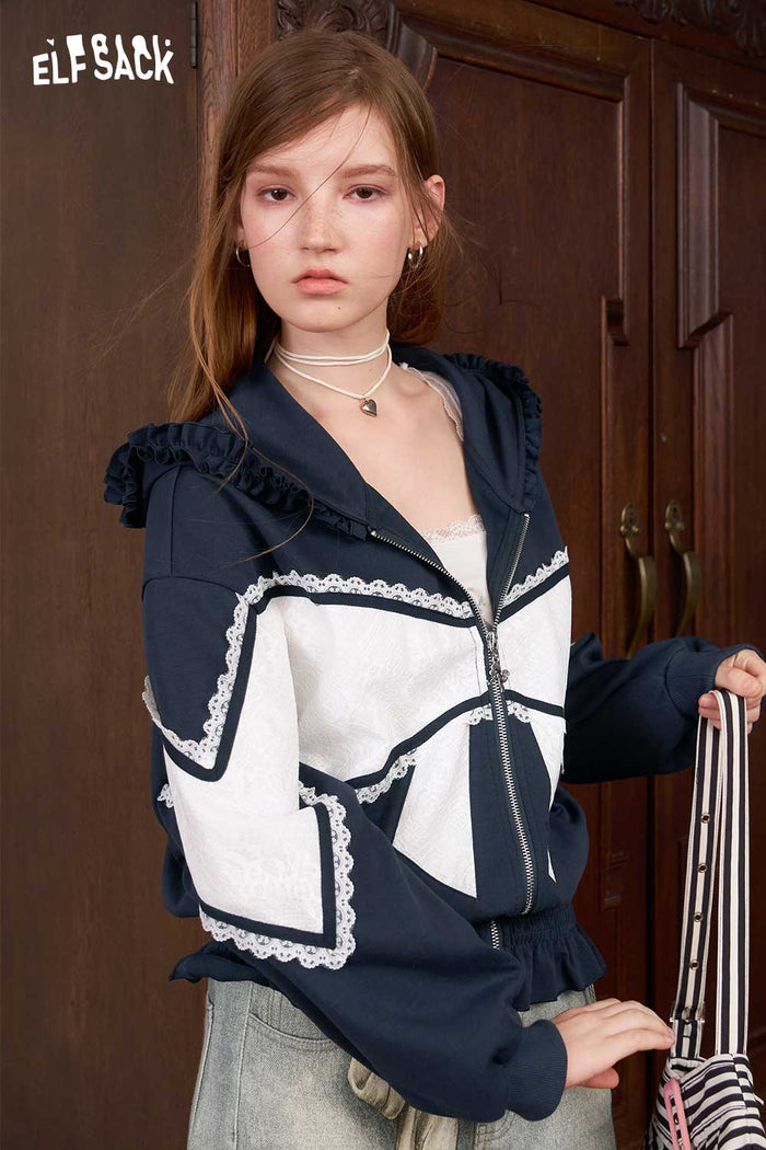 Colorblock Lace Zip Up Crop Jacket